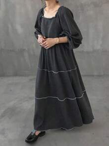 FRIFUL Damen Loose Fit einfarbiges Kleid mit quadratischem Ausschnitt und Langarm, Kontrastbesatz, ausgestellter Rock, lässig & vielseitig, Herbst