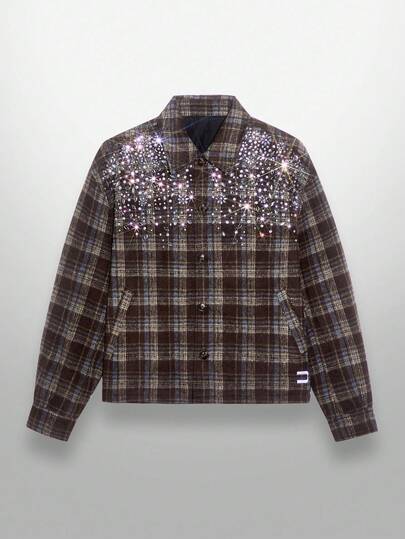 NEON BLANC Abrigo largo de solapa con mangas largas y estampado de cuadros con strass para hombre, otoño e invierno