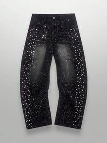 NEON BLANC Quần jean denim dáng dài dáng rộng đính ngọc trai giả và đá giả cho nam - màu đen - Xem 1