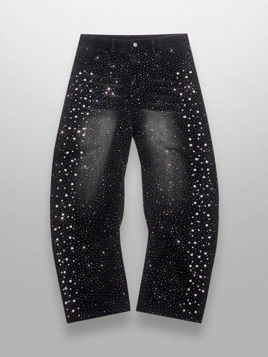 NEON BLANC Quần jean denim dáng dài dáng rộng đính ngọc trai giả và đá giả cho nam - màu đen - Xem 1