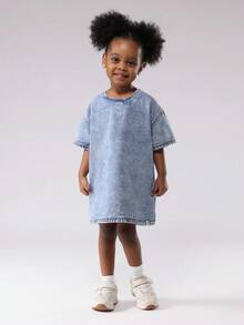 SUMWON Toddler Girls Denim T-Shirt Dress Light Wash Classic Cotton Jean Summer Mini Dress Casual Spring Wear Kids Fashion Short Sleeve A Line Dress - Blue - View 1