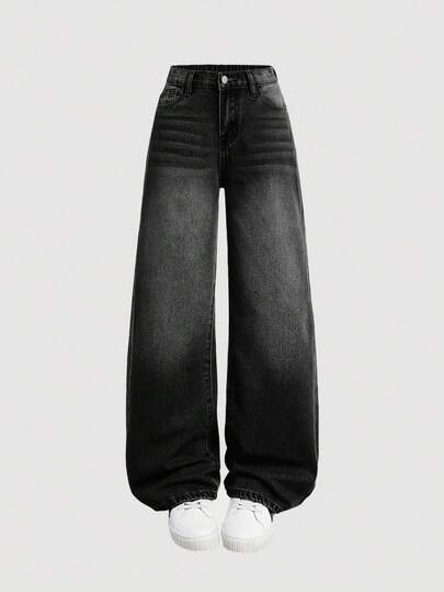 SHEIN Girlism 青少年女孩 Y2K 宽松休闲牛仔裤，带口袋和阔腿，青少年女孩秋季服装返校牛仔裤套装