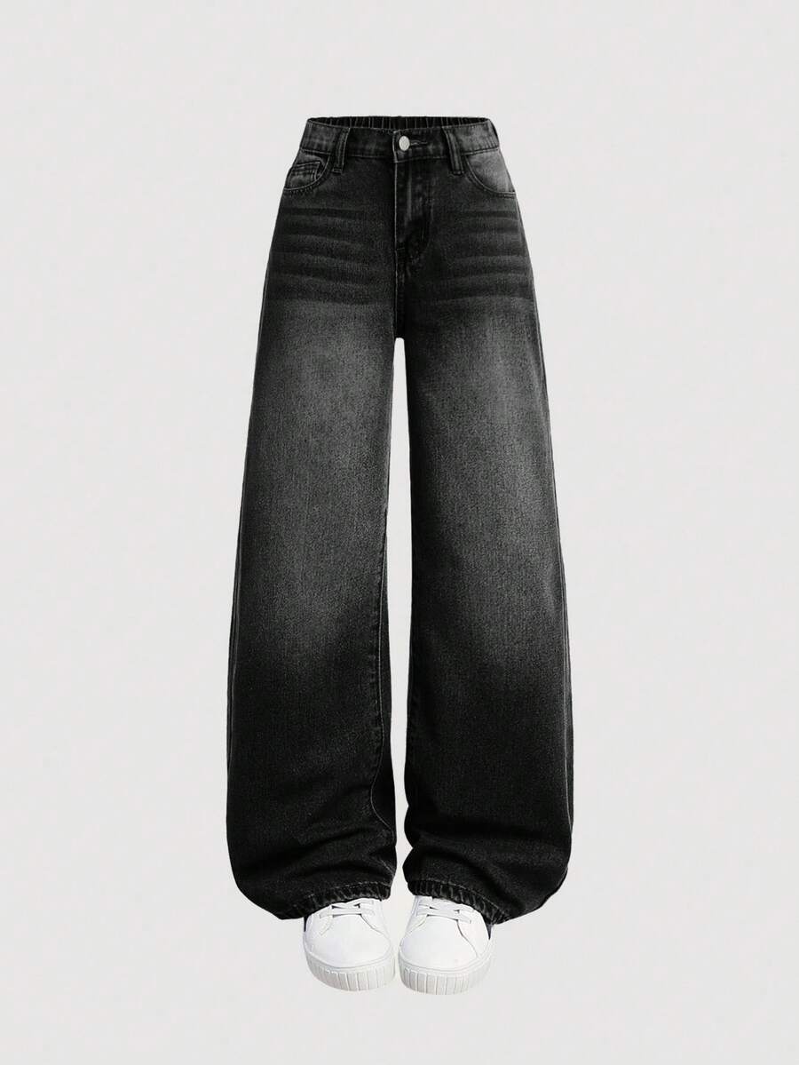 SHEIN Girlism 少女Y2K宽松休闲牛仔裤,带口袋和阔腿设计,适合秋季返校季,阔腿牛仔裤,超大款牛仔裤,黑色宽松牛仔裤,黑色宽松牛仔裤,宽松牛仔裤 - 黑色 - 查看 1