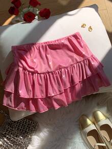 Comfortcana 女式纯色闪亮双褶边时尚A字裙 - 粉色 - 查看 3