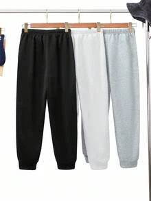 SHEIN 3 件套儿童/青少年男童休闲学院风字母印花宽松抽绳针织运动裤，3 种颜色 - 黑色 - 查看 6