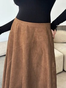 Modelyn Plus Size Minimalist Solid Color Suede A-Line Skirt, Suitable For Spring And Autumn - Brown - View 7