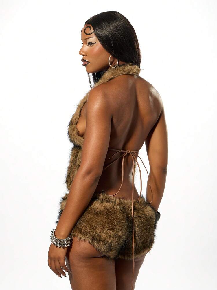 SUMWON WOMEN Halloween Faux Fur Halterneck Top With Back Tie