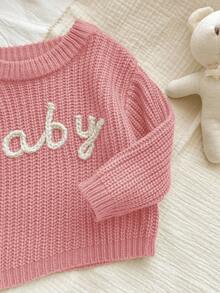 SHEIN Newborn Baby Girl Letter Pattern Versatile Long Sleeve Sweater, Autumn/Winter Baby Knit Top Baby Knitwear Baby Girl Sweater Baby Jumper Baby Clothes Girl Fall