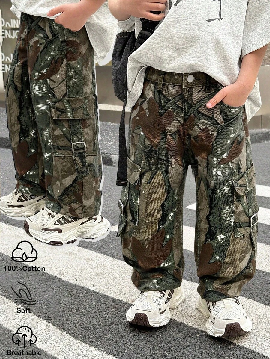 SHEIN Young Boys Y2k Urban Street Cool Style Fashion Cotton Denim Tree Branch Print Pocket Loose Fit Baggy Jeans,For Boys Fall/Winter Dailywear Costume,Boys Streetwear Outfits,Boys Halloween And Christmas Outfits,Winter Jeans,Boys Jeans - Multicolor - View 1