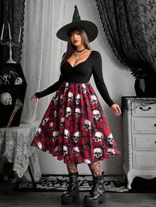 Whyspr Grunge Punk Halloween Große Größen Damen Sexy Figurbetonte Lässig Vielseitige Asymmetrische A-Linie Spitze Mesh Patchwork Muster Langarm Kleid, Punk Stil geeignet für Rückkehr zur Schule, Halloween, Herbstmode für Frauen - Verschiedenfarbig - Übersicht 2