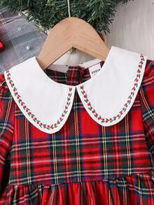 SHEIN 女婴编织格子彼得潘领刺绣休闲连衣裙 - 紅色 - 查看 4