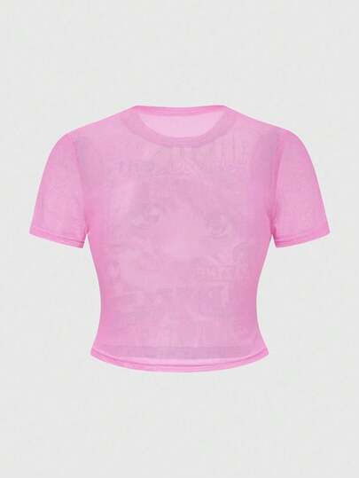 Anime Blusa de manga corta ajustada y transparente con estampado de personaje de anime para mujer de talla grande
