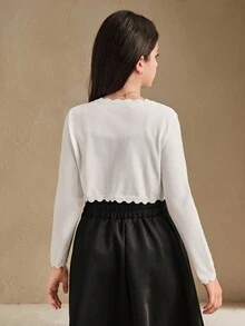 SHEIN Chaqueta de punto de unicolor minimalista y versátil para niña preadolescente - Blanco - Ver 2