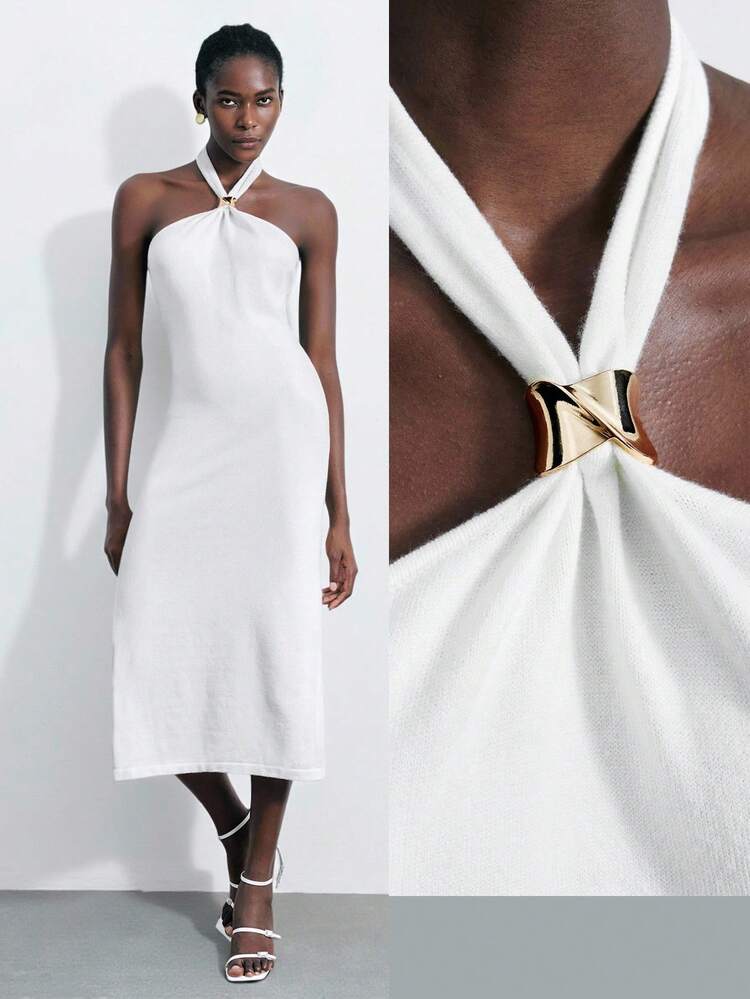 SHEIN Maija 2025 Women's Metal Decor Halter Neck Fitted White Mid-Length Dress, Suitable For Early Autumn Back To School Season And Party Season White Dress Women Halter Neck Dress For Woman White Halter Dress White Midi Dress Wedding Season, White Dress, Wedding Guest Gown