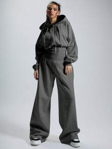 MUSERA 连帽拉链连体裤，收腰设计，休闲居家风，胶囊衣橱必备单品，适合秋冬季日常穿着，机场时尚，深灰色，尽显优雅气质。 - 灰色 - 查看 3