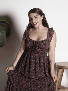 Lupita Cardoza Váy midi chữ A xẻ tà cổ chữ V phong cách nghỉ mát cho nữ, váy chữ A tay lửng xếp nếp bằng vải voan, váy mùa hè, trang phục lãng mạn cho mùa cưới, thích hợp cho bữa trưa - màu đen - Xem 1