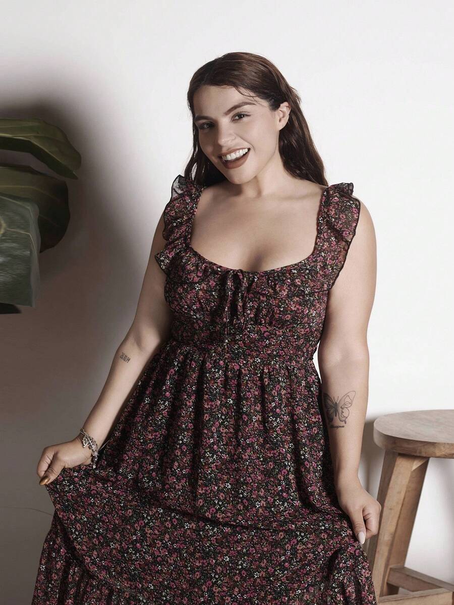 Lupita Cardoza Váy midi chữ A xẻ tà cổ chữ V phong cách nghỉ mát cho nữ, váy chữ A tay lửng xếp nếp bằng vải voan, váy mùa hè, trang phục lãng mạn cho mùa cưới, thích hợp cho bữa trưa - màu đen - Xem 1