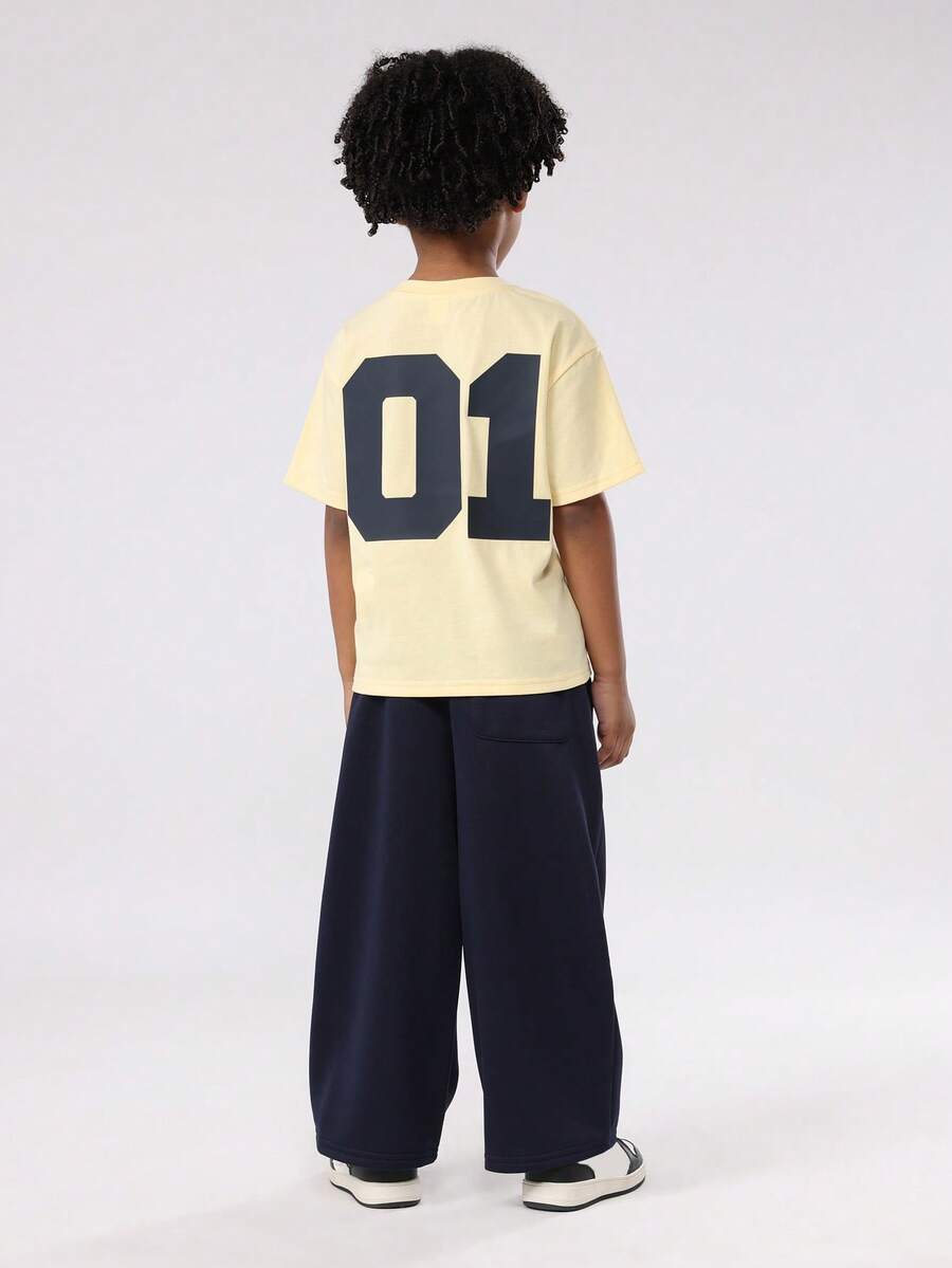 SUMWON Toddler Boys Varsity Number Two Piece Summer Cotton Coordinate Set With Casual T-Shirt And Wide Leg Sweatpants Loungewear Play Outfit