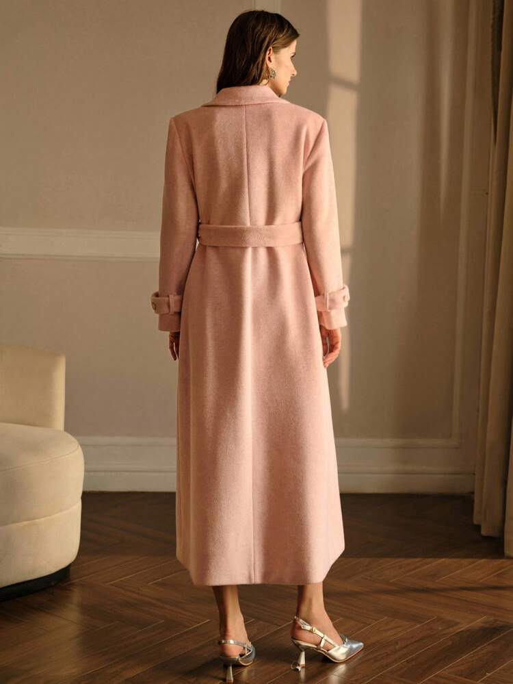 WOOL PEAK COLLAR WAIST CONTRAST FLUFFY POCKET OVERCOAT, MINIMALIST & ELEGANT