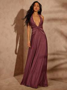 Hauture Women's Summer Vacay Sexy Night Out Olive Green Back Twisted With Low V Neck Maxi Dress
