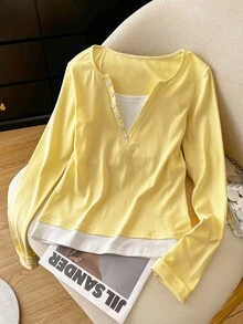 Resyla 女式二合一长袖T恤，清新简约 - 淡黃色 - 查看 4