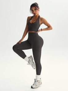 Dewbera 女士纯色露背吊带短款运动套装 - 深灰色 - 查看 7