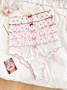 PetitDoll 5pcs/Pack Women Plus Size Printed Ruffle Trim Bow Tie Comfortable Bikini Briefs