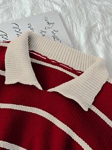 Elamini 女士休闲红白条纹厚针织高领毛衣，秋冬 - 彩色 - 查看 4