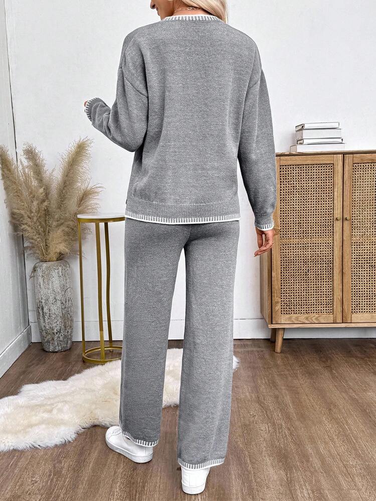 New Autumn/Winter European & American Casual Loose Embroidery Patchwork Knit Women Sweater 2 Pieces Set Women's Winter Clothes Women's Winter Sweater Fall Clothes For Women Casual Sets For Women Grey Women's Set Sweater Sets For Women Going Out Two Piece Set