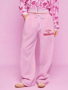 Mean Girls | SHEIN Quần nỉ cạp rút họa tiết chữ thường ngày dành cho nữ - Hồng - Xem 1