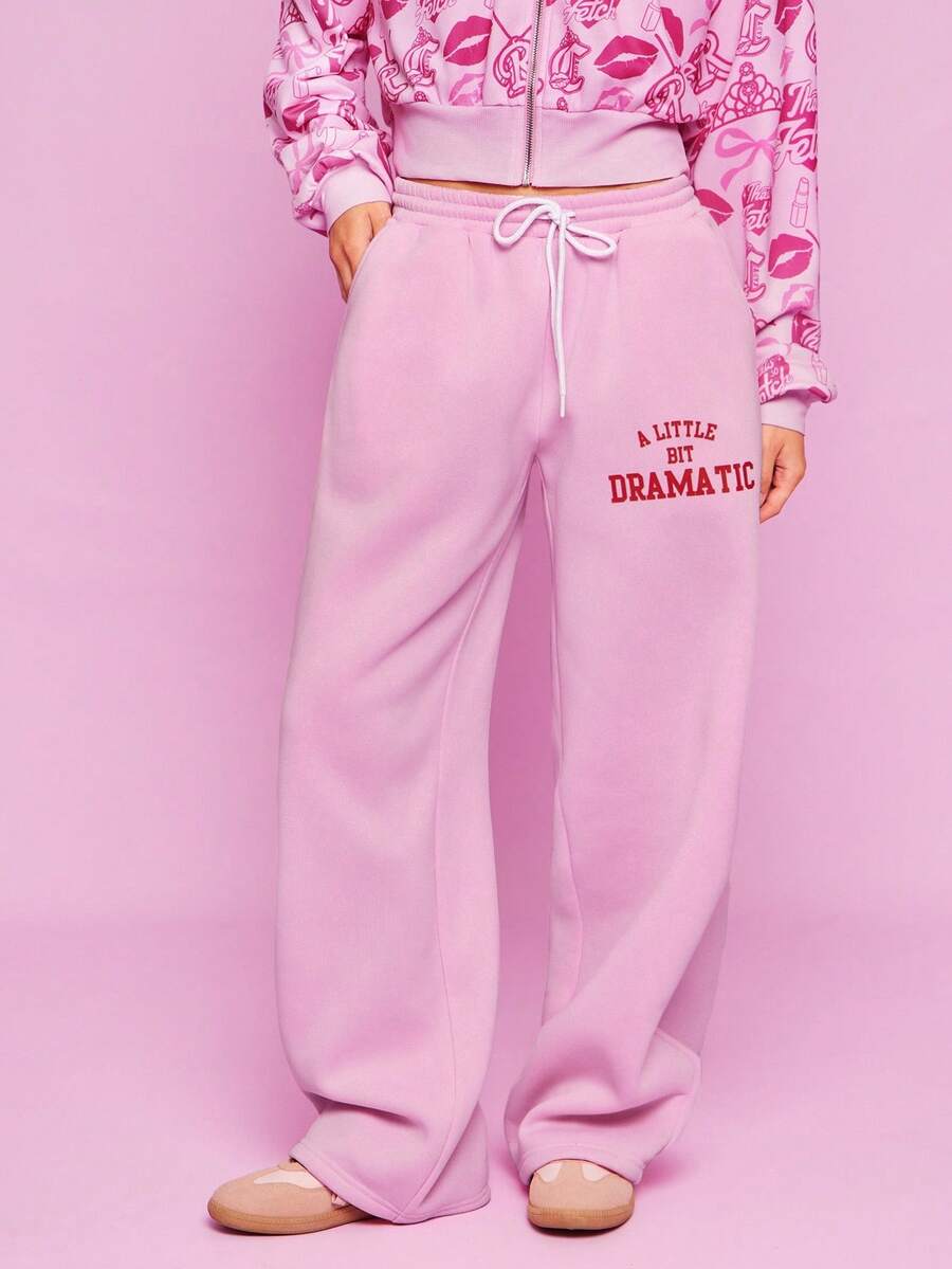 Mean Girls | SHEIN Quần nỉ cạp rút họa tiết chữ thường ngày dành cho nữ - Hồng - Xem 1