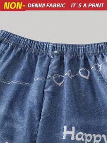 SHEIN ChillGRL بنطلون كاجوال طويل مطبوع برسوم كرتونية للمراهقات، ملابس رياضية للموسم الدراسي 2025 في الجامعة والحرم الجامعي، خريف وشتاء - أزرق غامق - مشاهدة 5