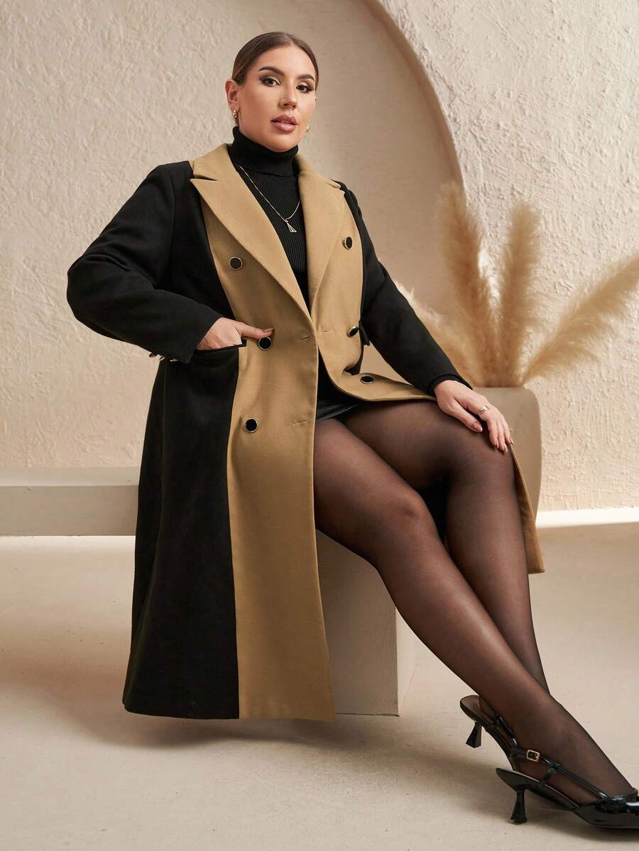 SHEIN Clasi 大码女式翻领黑色和驼色拼接中长款大衣，适合秋季、冬季、外出、工作场合、办公室穿着、商务职业女性、办公室女性、秋季工作女性穿着。 - 彩色 - 查看 1