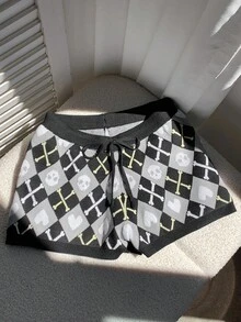 Comfortcana 女士秋季抽绳腰骷髅头和心形图案休闲宽松针织短裤万圣节 - 黑與白 - 查看 6