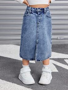 SHEIN Young Girl Casual Denim Skirt With Belt Loops, Fashionable & Versatile Fall Winter