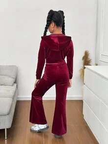 SHEIN Tween Girls' Velvet Hoodie & Sweatpants Set, Casual Sportswear Fall Winter - Burgundy - View 2