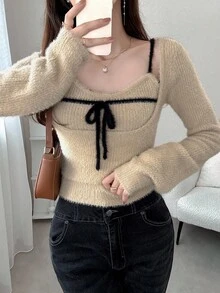 FRIFUL 女式杏色纯色内袋无袖夹克，长袖撞色抽绳蝴蝶结针织毛衣两件套，秋季 - 卡其色 - 查看 3