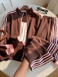 Comfortcana Completo da donna composto da giacca e pantaloni a righe a contrasto