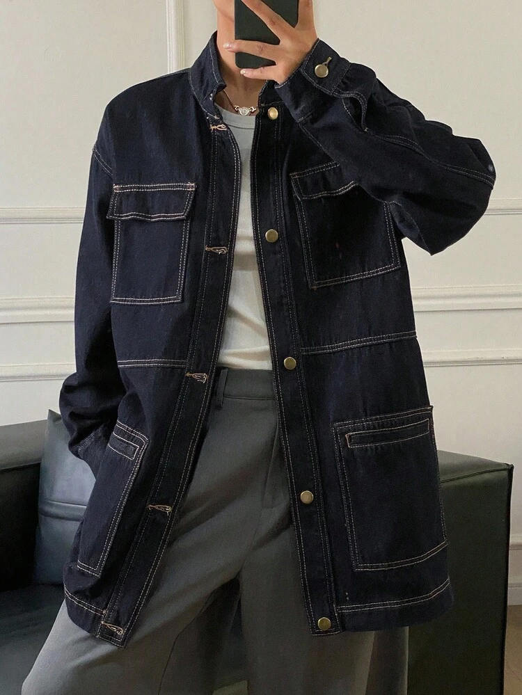 Women's Stand Collar Large Pocket Decor Loose Mid-Length City Casual Denim Jacket And Coat