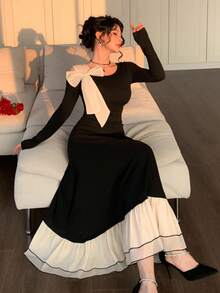 DAZY Women's Elegant Long Fitted Dress With Contrast Color, Off-Shoulder, Tie-Up Bow Detail - Black - View 3