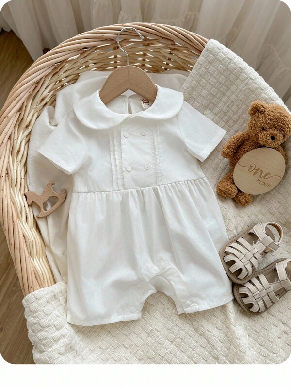 Baby Boy Fold Pleated Detail Peter Pan Collar Romper