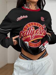 Coolane 女士秋季街头服饰节外出男友运动休闲图案撞色黑红宽松运动衫 - 彩色 - 查看 2