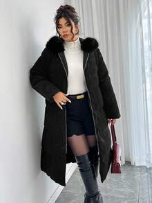 Elenzga 女式束腰加厚连帽灯芯绒X型长款加厚外套 - 黑色 - 查看 4