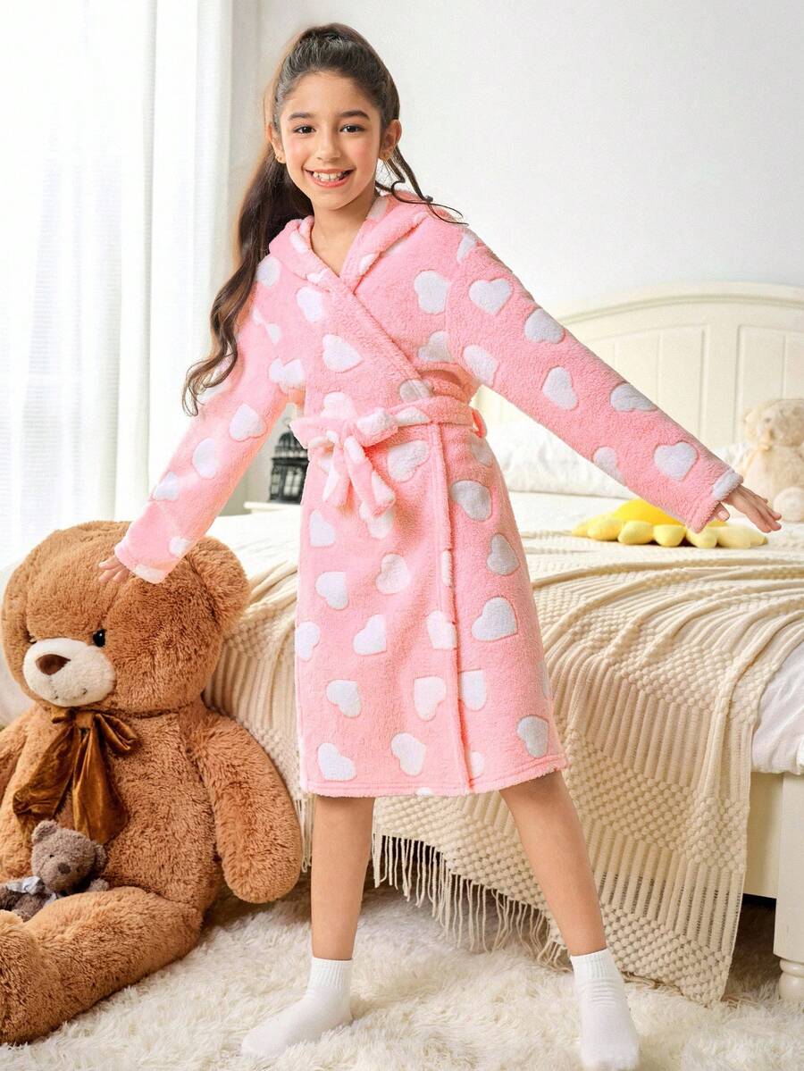 SHEIN 女童蓬松泰迪羊毛珊瑚绒心形印花连帽宽松长袖家居服长袍开衫，秋冬 - 粉色 - 查看 1