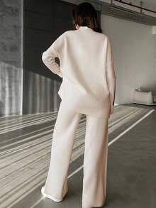 EURMUSE Women's Stand Collar Colorblock Long Sleeve Sweater And Knitted Pants Set - White - View 2