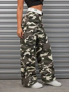 SHEIN ICON 女士折疊腰部迷彩圖案休閒牛仔褲 - 軍綠色 - 查看 4