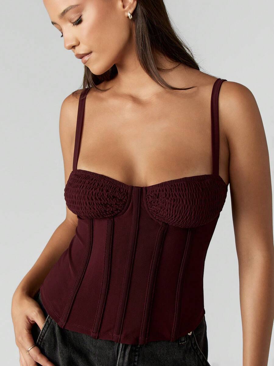 MISSGUIDED 褶皱胸围紧身胸衣背心，结构紧身胸衣和心形领口 - 棕色 - 查看 1