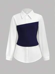 Girlism Tween Girls Casual Colorblock Patchwork Shirt & Wide Leg Pants 2 Pieces Set,Elegant,Contrast Color Stitching - Blue and White - View 7