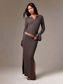 AiiRZ Cotton Women Henley Neck Ruffle Bell Sleeve Crop Top With Side Split Maxi Skirt Co-Ord Set Evening Party Ribbed Two Piece Fall Winter Outfit - Grey - View 1