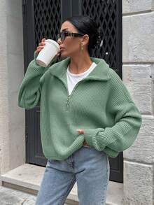 SHEIN Woman Zipper Collar Loose Fit Comfy Warm Sweater - Mint Green - View 1